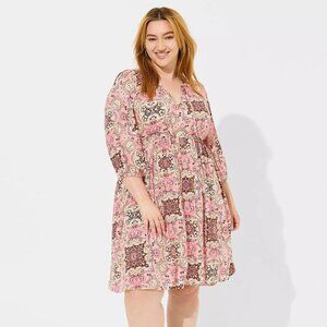 Torrid Mini Washable Gauze Tunic Dress 3/4 Sleeves Pink Plus Size 1X EUC
